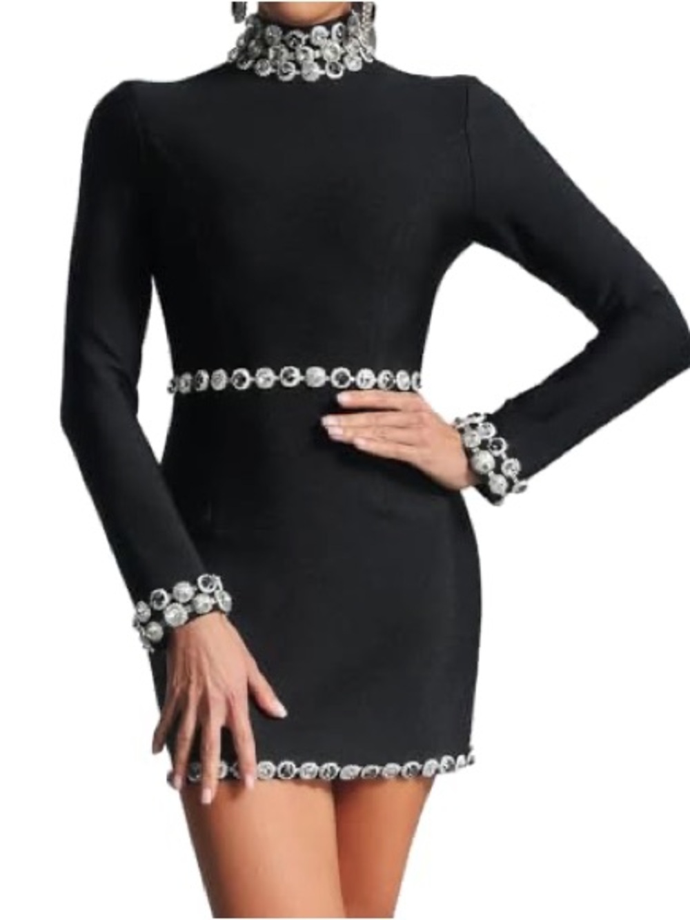 Black Mini Bandage Dress with Rhinestone Trim